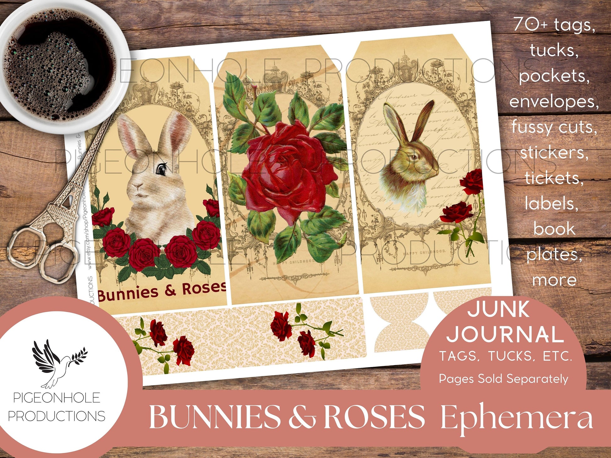 Bunnies & Roses Junk Journal EPHEMERA—PRINTABLE—70+ tags, tucks, pockets, envelopes, fussy cuts, stickers, tickets, labels, bookplates