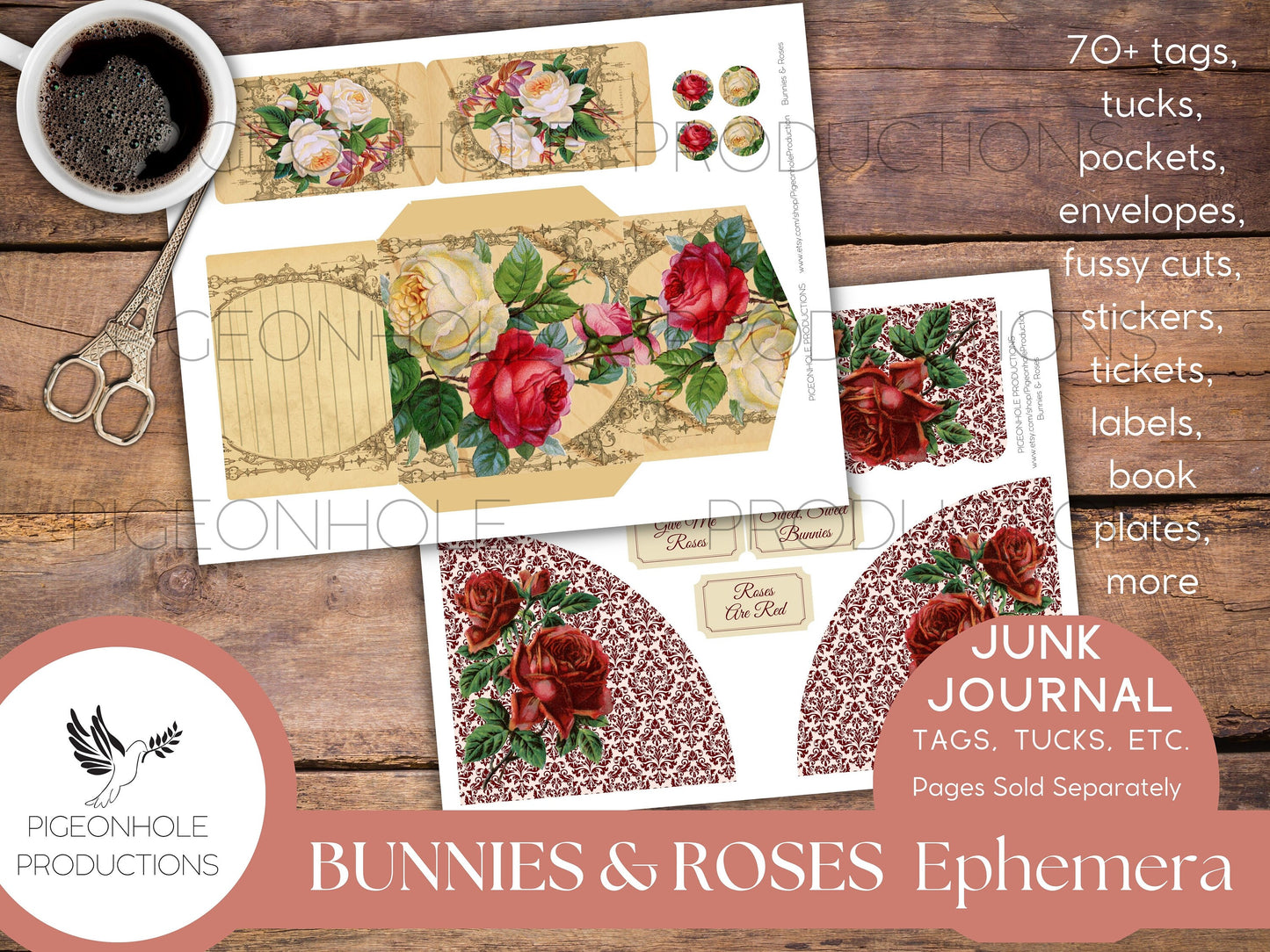 Bunnies & Roses Junk Journal EPHEMERA—PRINTABLE—70+ tags, tucks, pockets, envelopes, fussy cuts, stickers, tickets, labels, bookplates