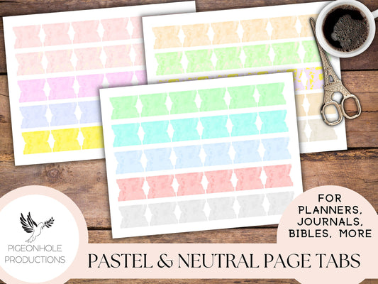 Pastel & Neutral Page Tabs—PRINTABLE—for planners, journals, Bibles, more—15 colors, 6 each, 90 total—pretty for spring, summer, Easter