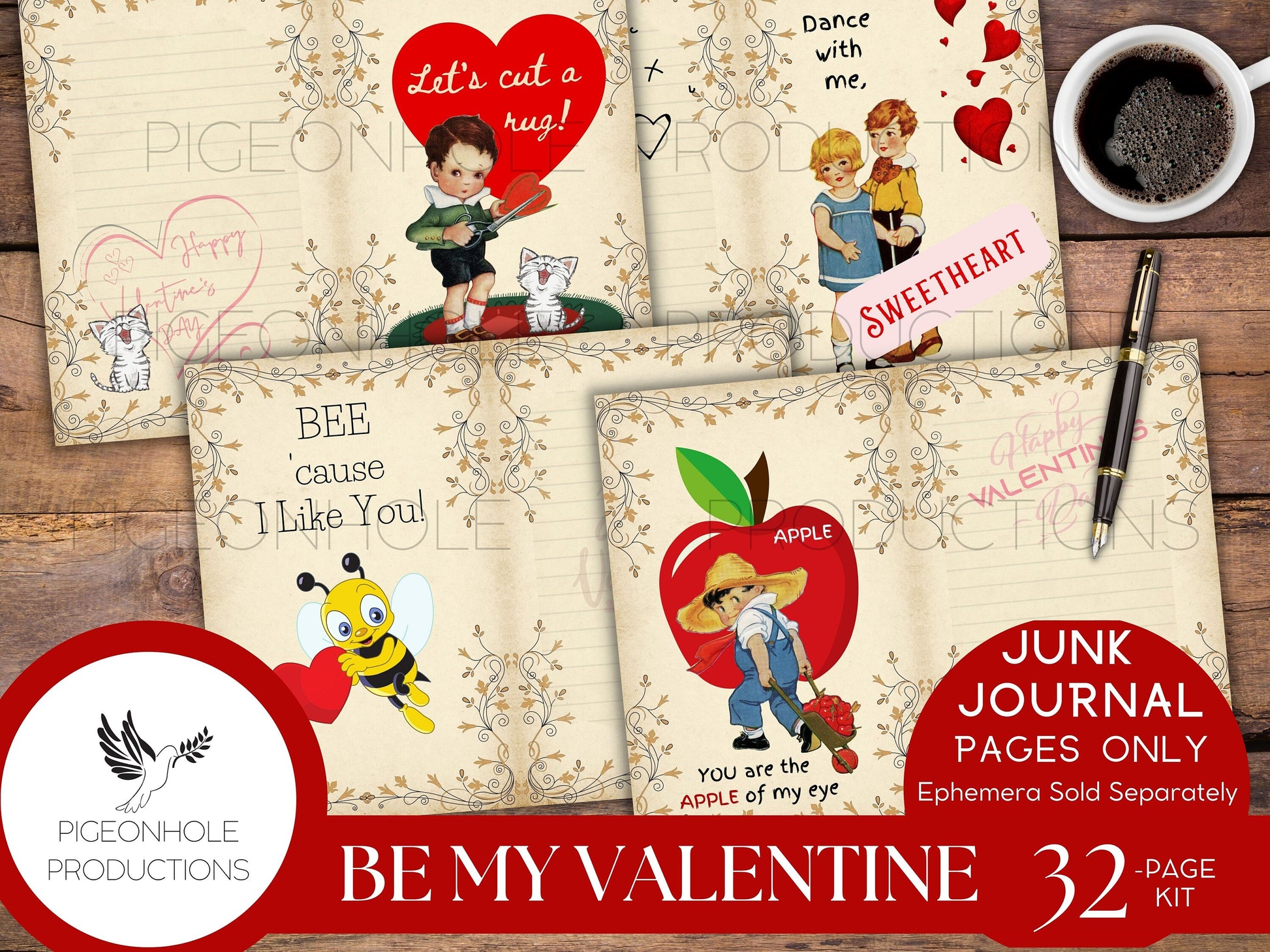 Be My Valentine Junk Journal Pages, PRINTABLE, 32 decorative, background, backing, lined journal sheets, retro style, makes 64 journal pages