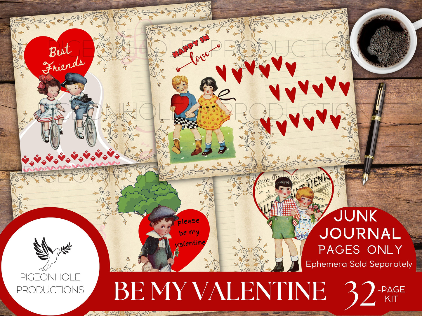Be My Valentine Junk Journal Pages, PRINTABLE, 32 decorative, background, backing, lined journal sheets, retro style, makes 64 journal pages