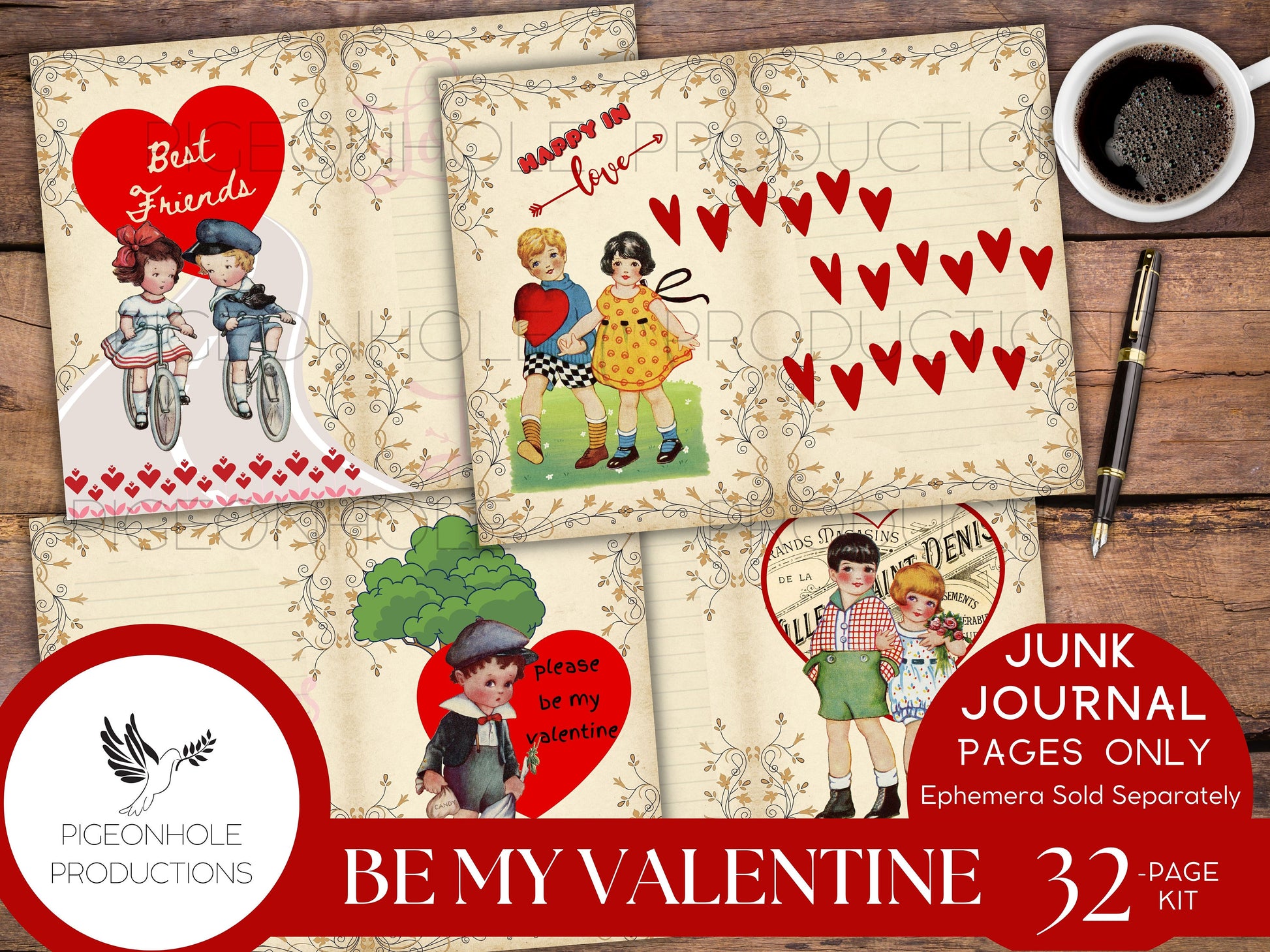 Be My Valentine Junk Journal Pages, PRINTABLE, 32 decorative, background, backing, lined journal sheets, retro style, makes 64 journal pages