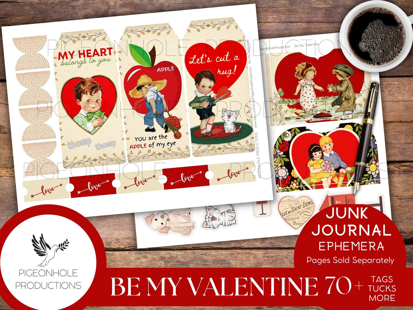 Be My Valentine Junk Journal EPHEMERA, PRINTABLE, 70+ tags, tucks, pockets, envelopes, fussy cuts, stickers, tickets, labels, bookplates