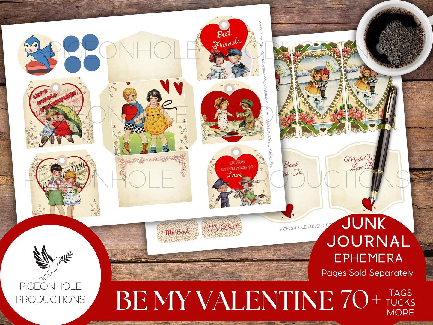 Be My Valentine Junk Journal EPHEMERA, PRINTABLE, 70+ tags, tucks, pockets, envelopes, fussy cuts, stickers, tickets, labels, bookplates