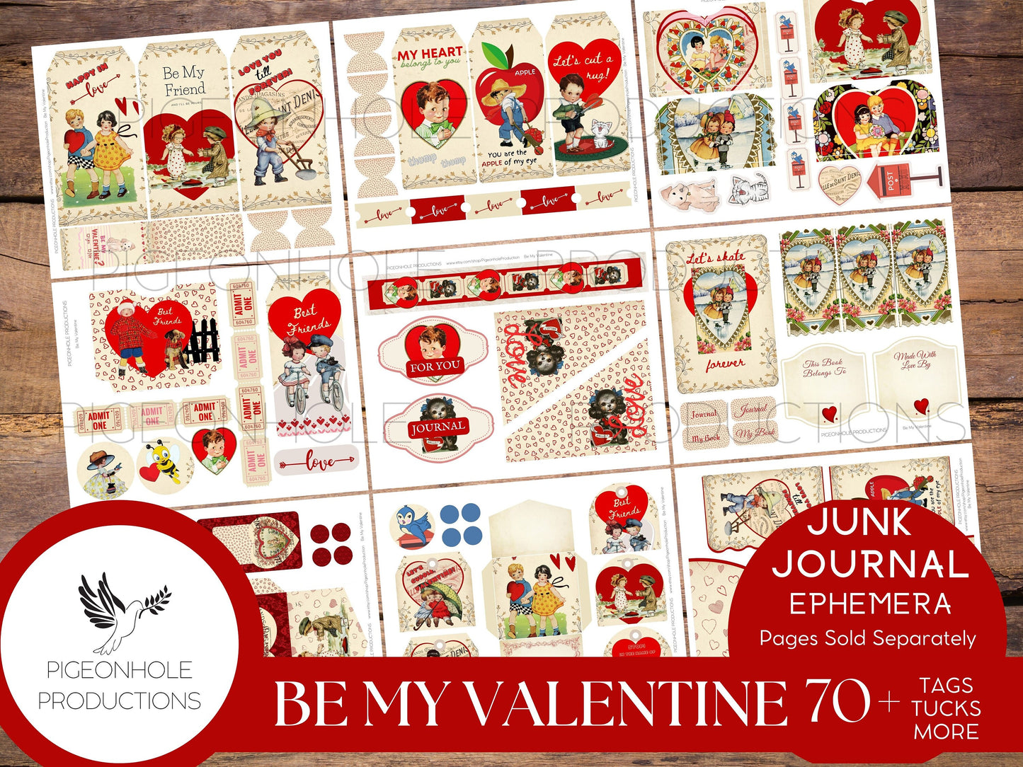 Be My Valentine Junk Journal EPHEMERA, PRINTABLE, 70+ tags, tucks, pockets, envelopes, fussy cuts, stickers, tickets, labels, bookplates