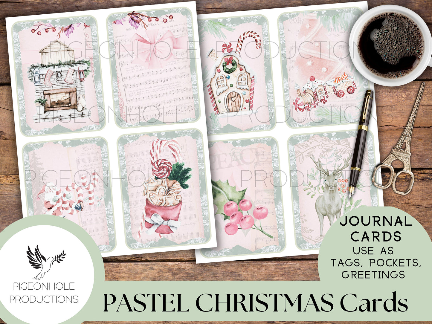 36 Pastel Christmas Junk Journal Cards, PRINTABLE, for junk journals, traditional journals, card making, other paper crafts, PASTEL PINK!