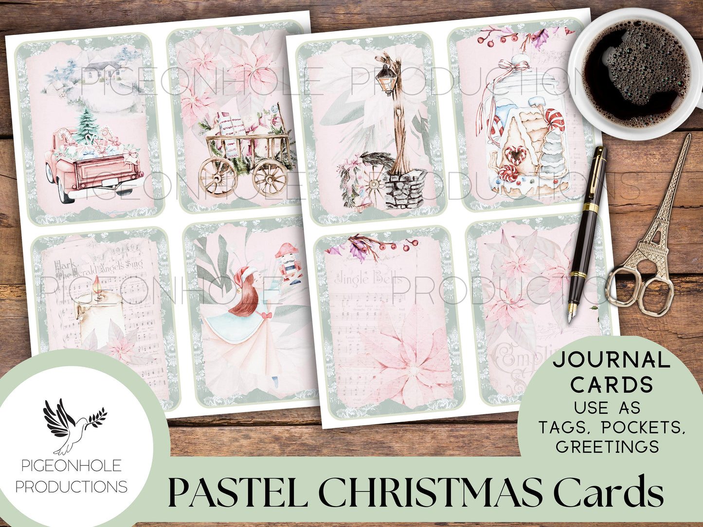 36 Pastel Christmas Junk Journal Cards, PRINTABLE, for junk journals, traditional journals, card making, other paper crafts, PASTEL PINK!