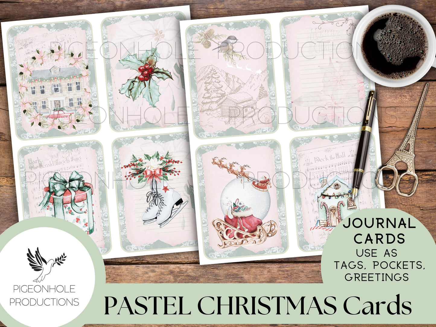 36 Pastel Christmas Junk Journal Cards, PRINTABLE, for junk journals, traditional journals, card making, other paper crafts, PASTEL PINK!