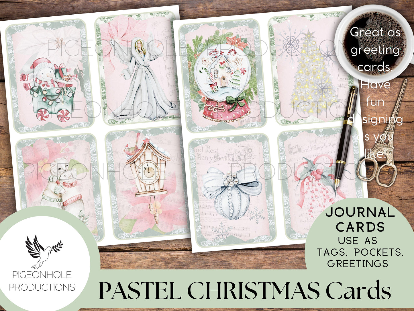 36 Pastel Christmas Junk Journal Cards, PRINTABLE, for junk journals, traditional journals, card making, other paper crafts, PASTEL PINK!