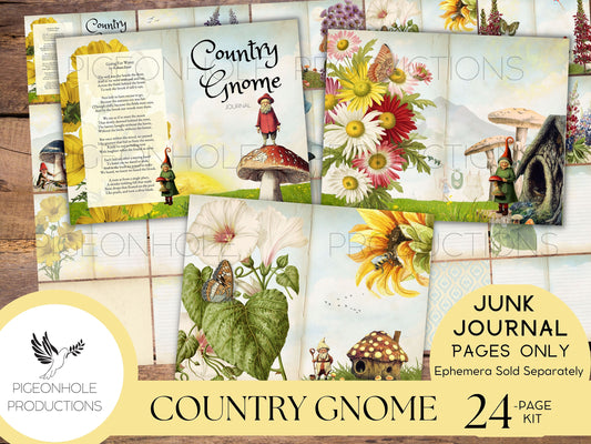 Country Gnome Junk Journal Pages, PRINTABLE, 24 sheets of decorative pages, background papers and lined journal pages—sweet garden gnomes