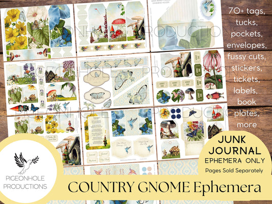 Country Gnome Junk Journal EPHEMERA—PRINTABLE—70+ tags, tucks, pockets, envelopes, fussy cuts, stickers, tickets, labels, bookplates