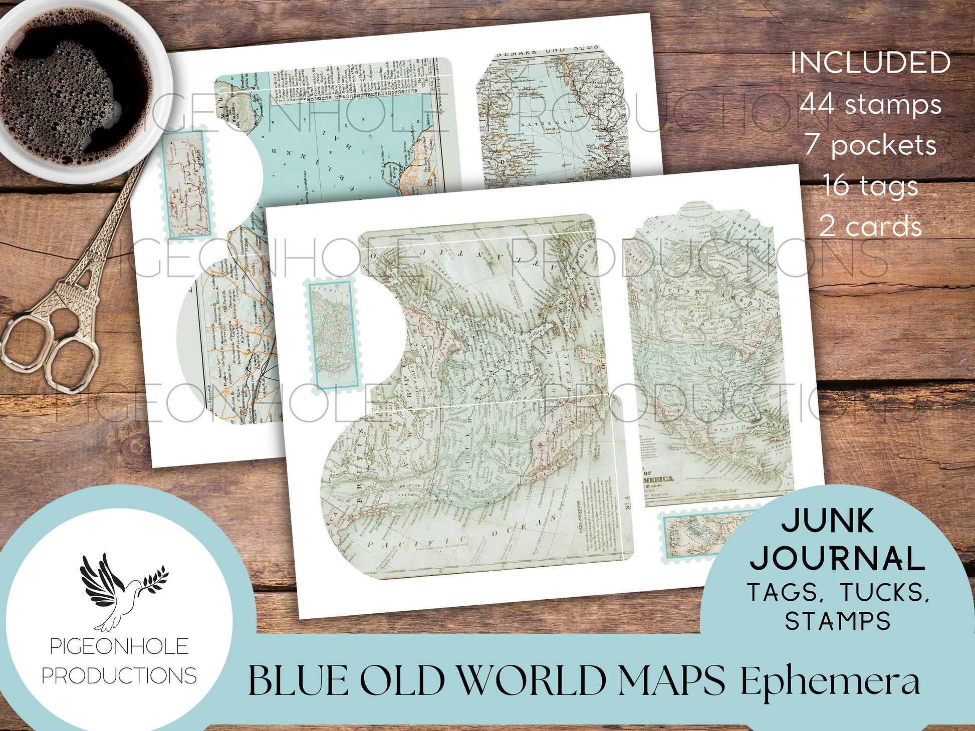 Blue Old World Maps Junk Journal EPHEMERA—PRINTABLE—tags, pockets, journal cards, faux postage stamps—also great bases for ephemera-making