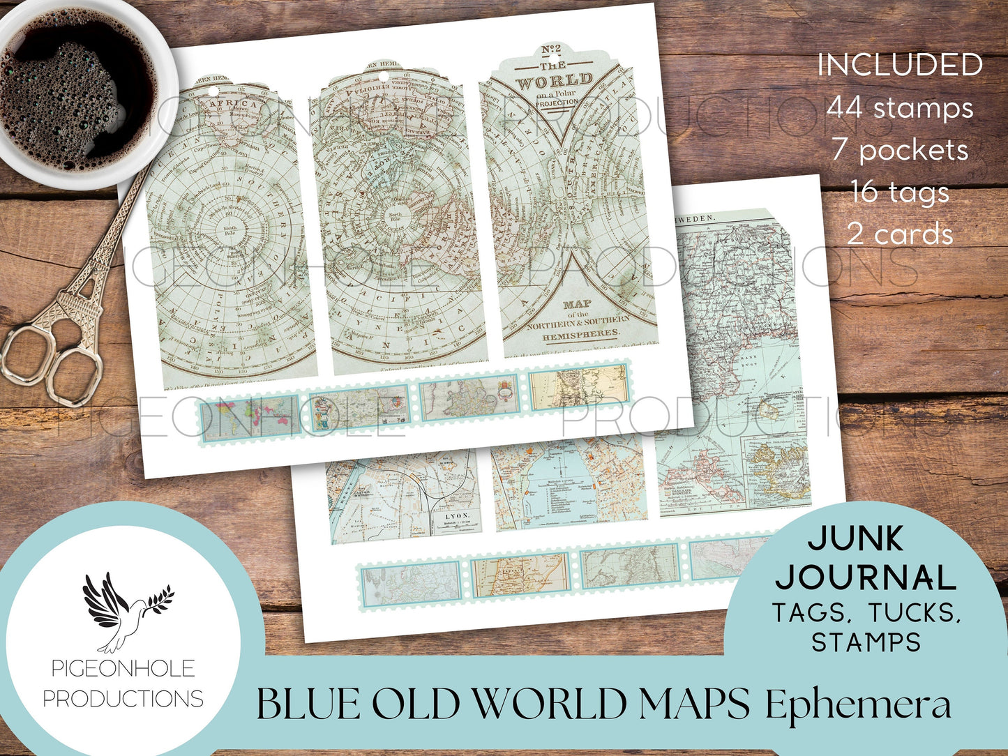 Blue Old World Maps Junk Journal EPHEMERA—PRINTABLE—tags, pockets, journal cards, faux postage stamps—also great bases for ephemera-making
