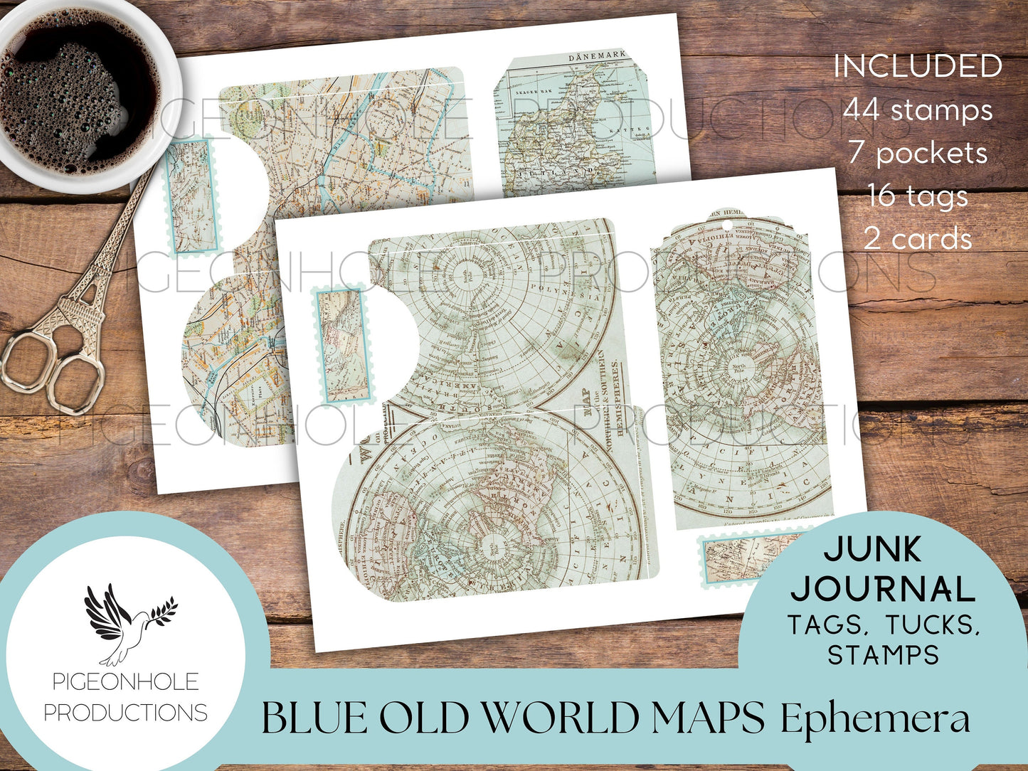Blue Old World Maps Junk Journal EPHEMERA—PRINTABLE—tags, pockets, journal cards, faux postage stamps—also great bases for ephemera-making