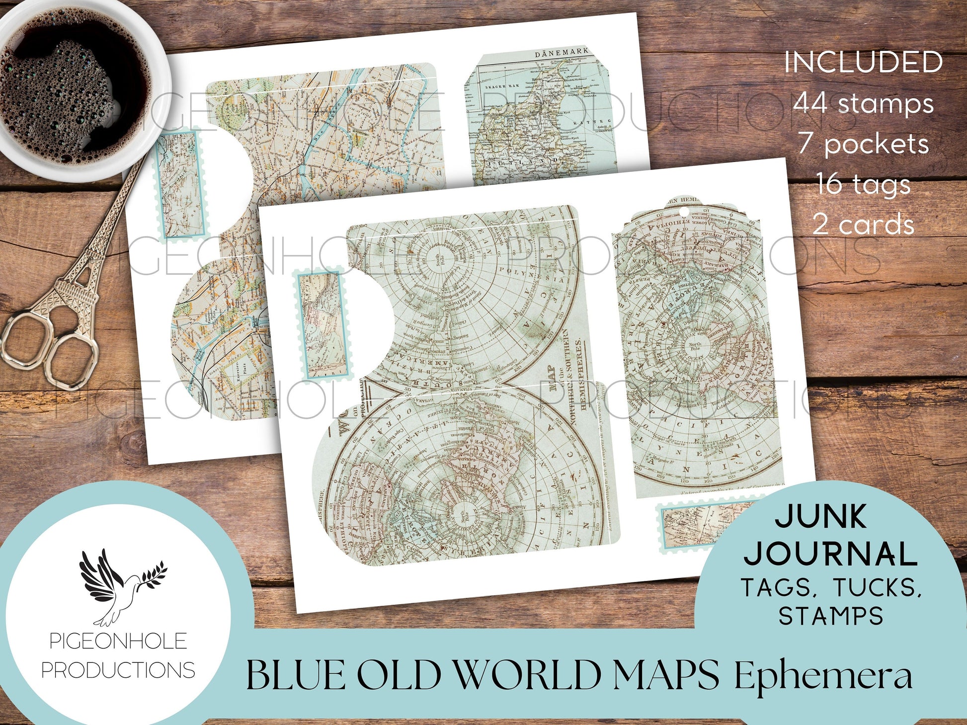 Blue Old World Maps Junk Journal EPHEMERA—PRINTABLE—tags, pockets, journal cards, faux postage stamps—also great bases for ephemera-making