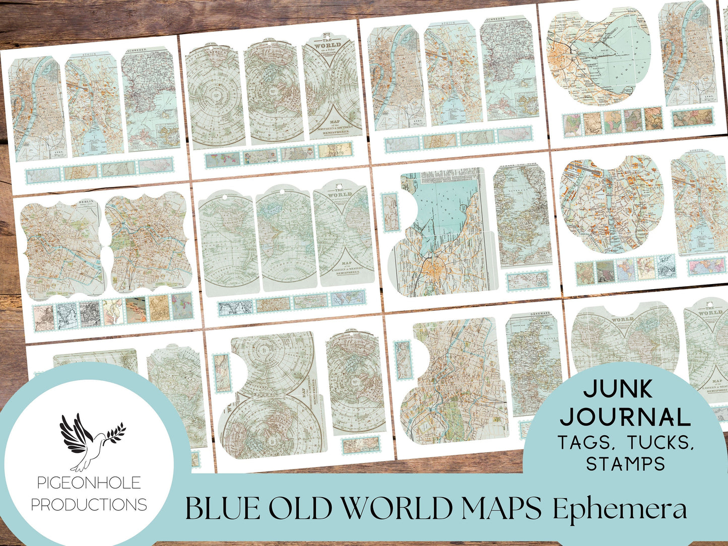 Blue Old World Maps Junk Journal EPHEMERA—PRINTABLE—tags, pockets, journal cards, faux postage stamps—also great bases for ephemera-making