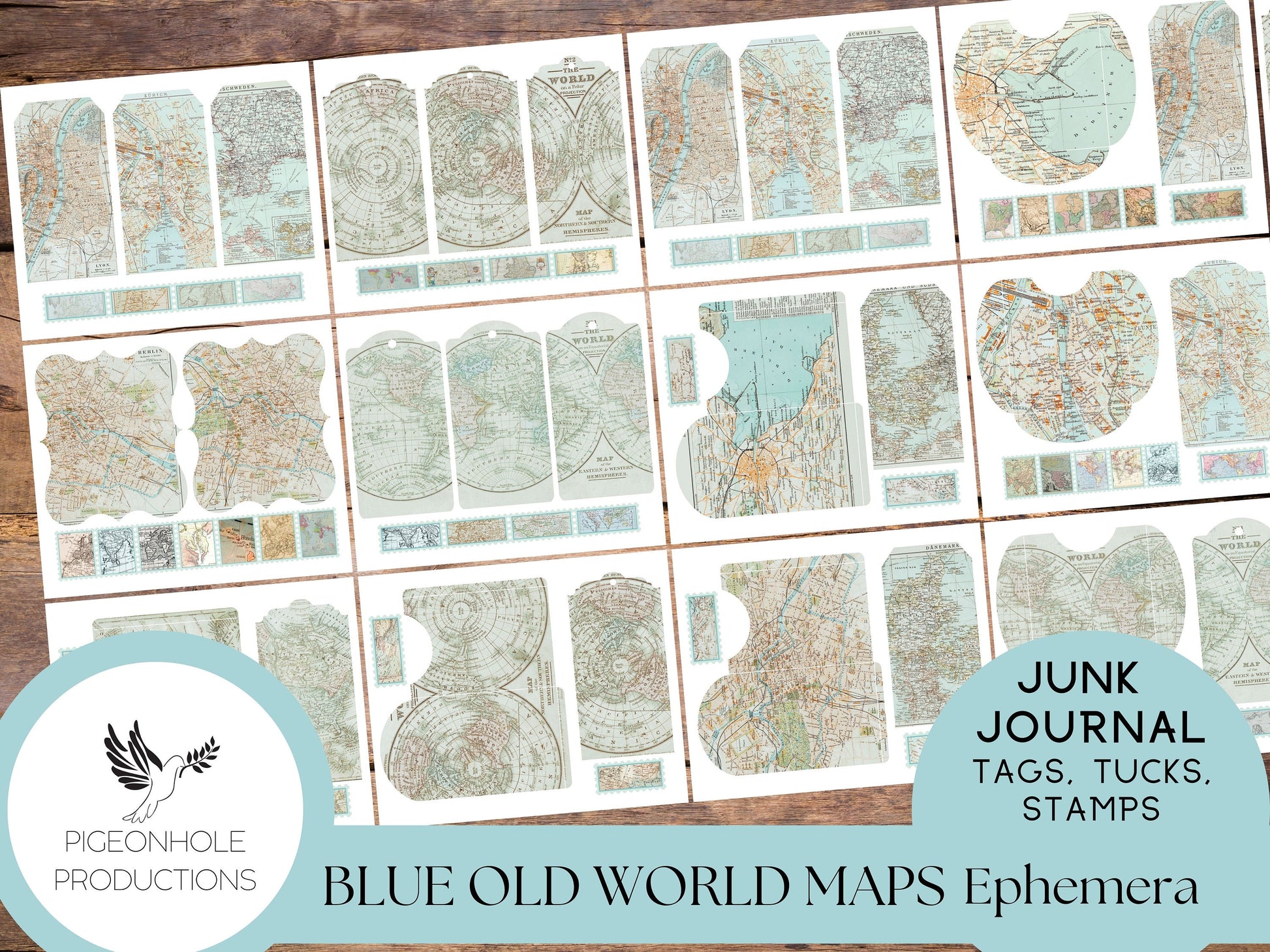 Blue Old World Maps Junk Journal EPHEMERA—PRINTABLE—tags, pockets, journal cards, faux postage stamps—also great bases for ephemera-making