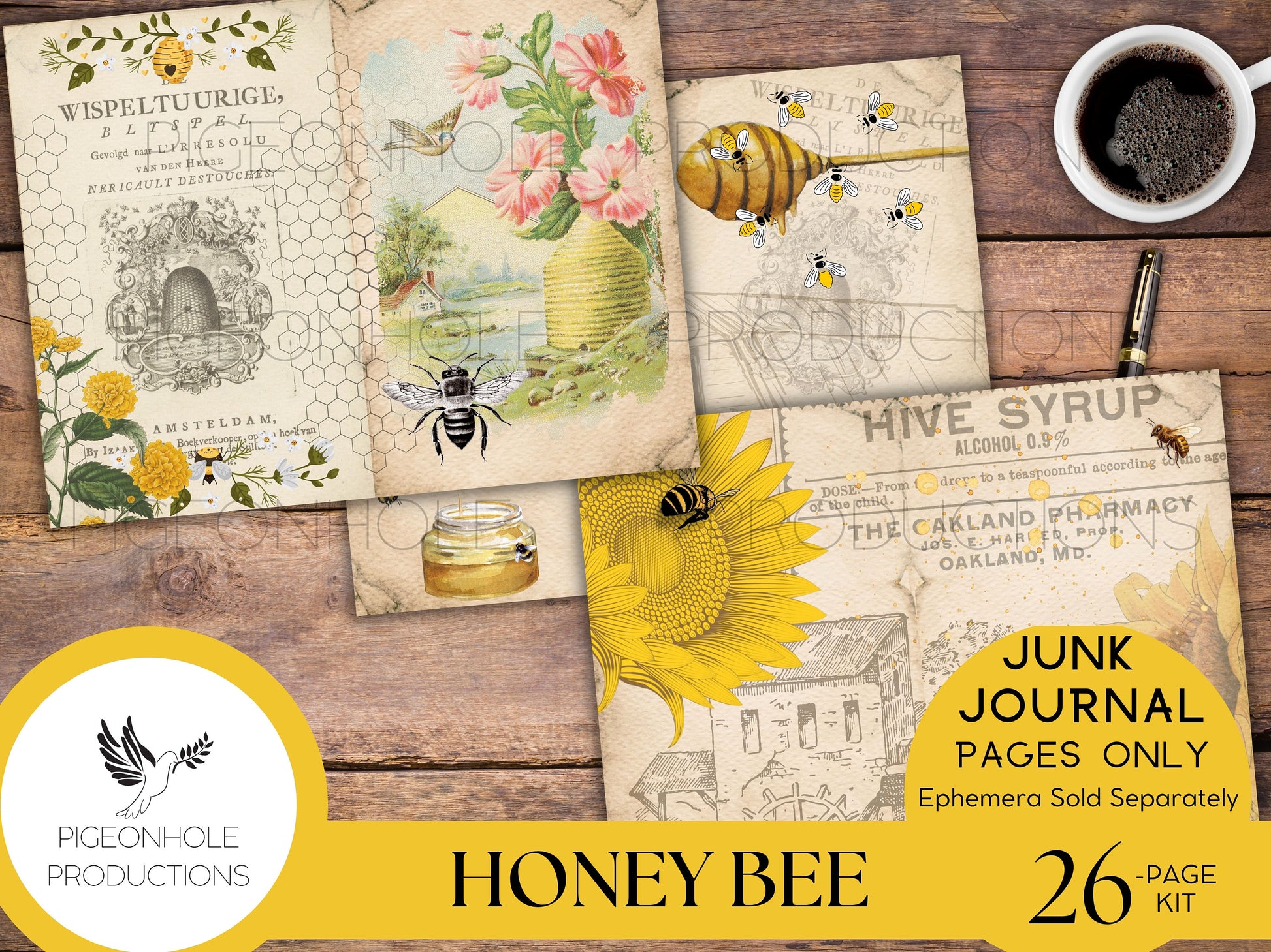 Honey Bee Junk Journal Pages—PRINTABLE—lovely honey bee collage sheets & bee poems—26 decorative/background/backing/lined journal sheets
