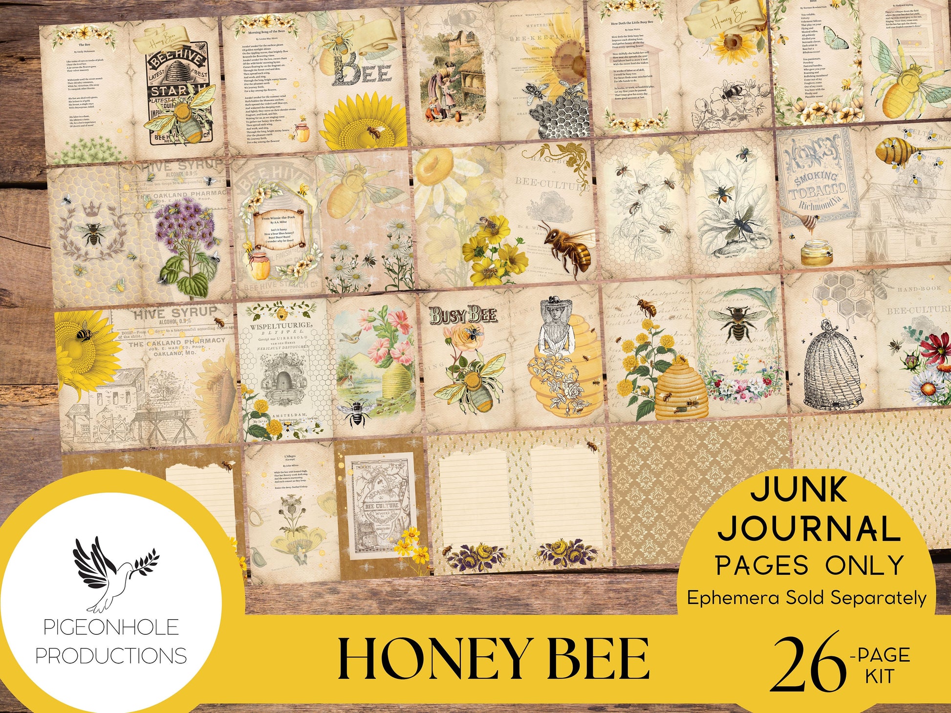 Honey Bee Junk Journal Pages—PRINTABLE—lovely honey bee collage sheets & bee poems—26 decorative/background/backing/lined journal sheets
