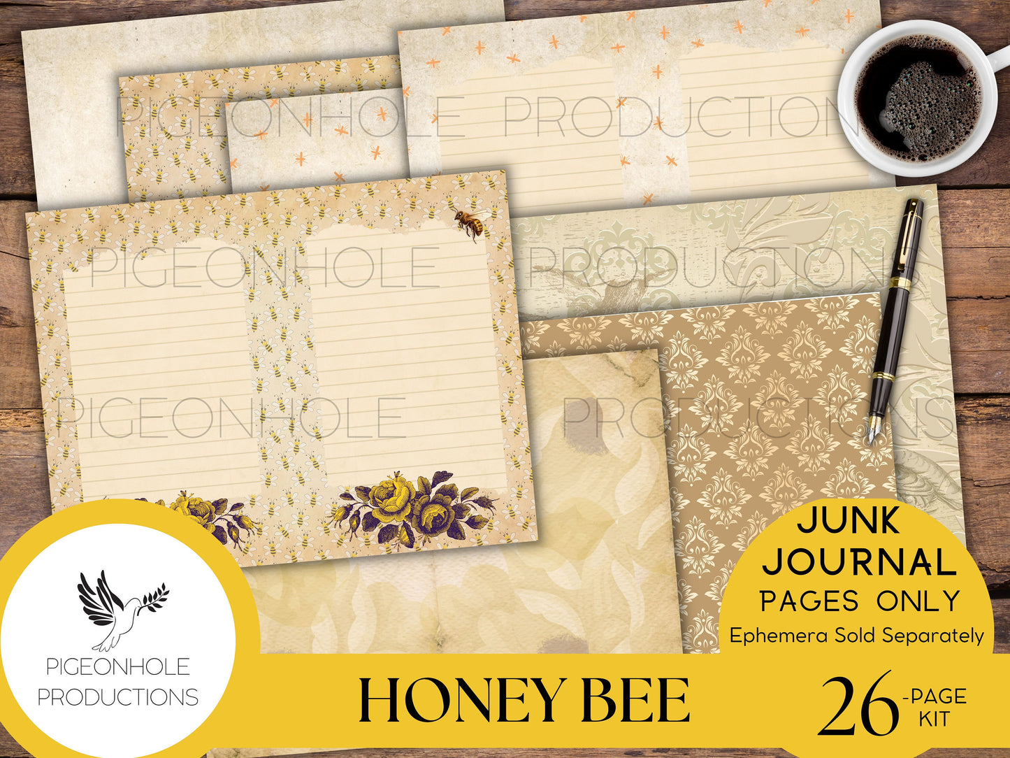 Honey Bee Junk Journal Pages—PRINTABLE—lovely honey bee collage sheets & bee poems—26 decorative/background/backing/lined journal sheets