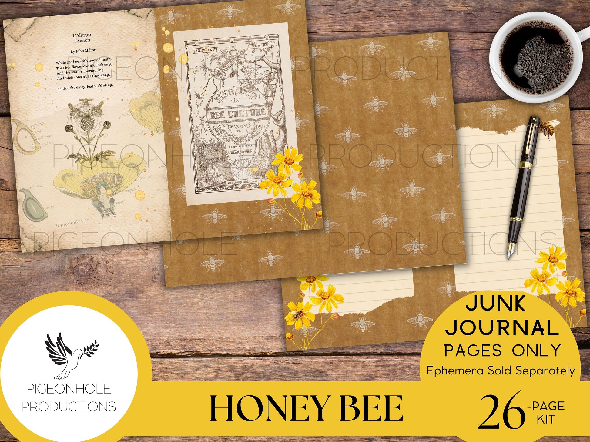 Honey Bee Junk Journal Pages—PRINTABLE—lovely honey bee collage sheets & bee poems—26 decorative/background/backing/lined journal sheets