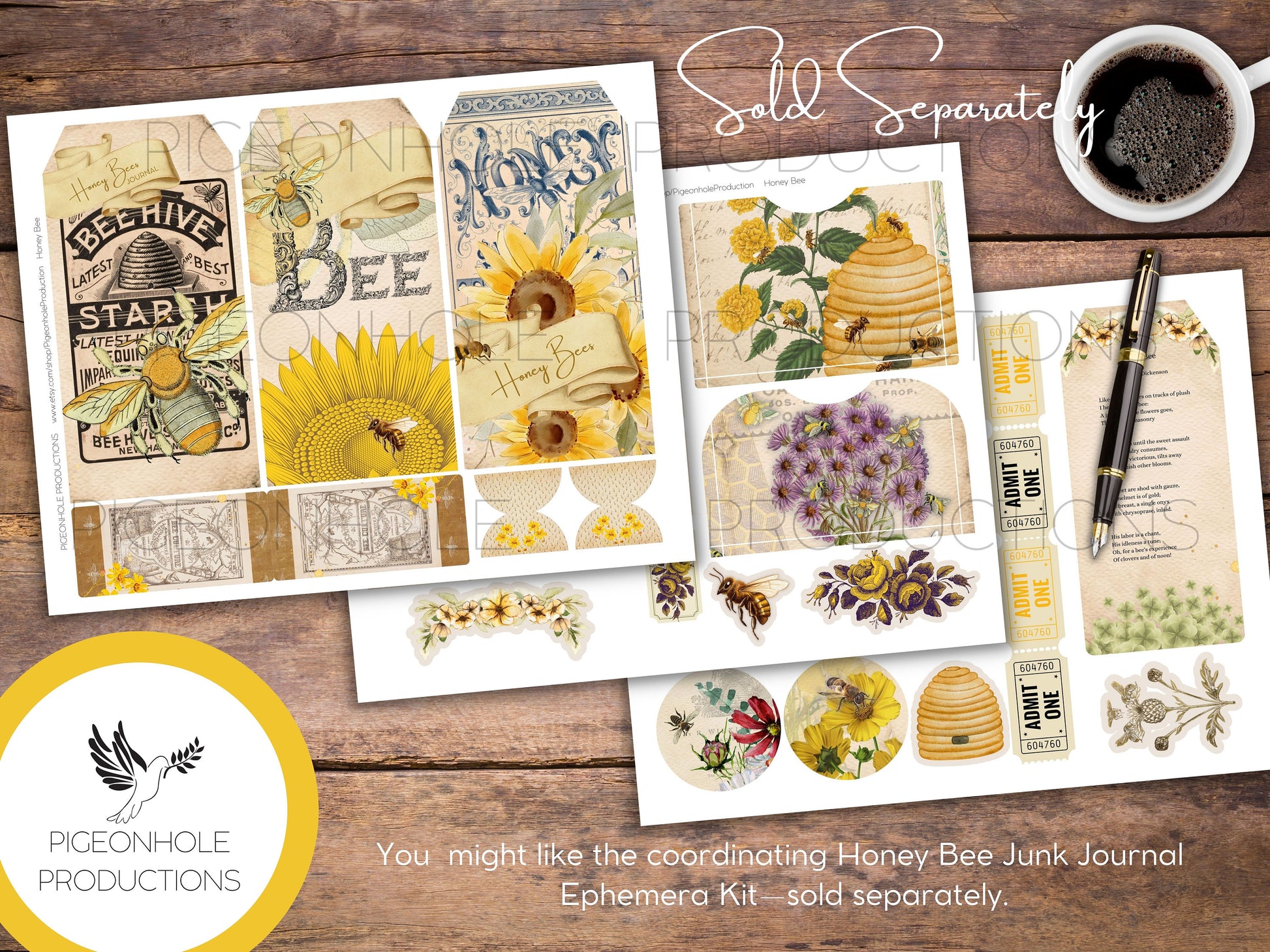 Honey Bee Junk Journal Pages—PRINTABLE—lovely honey bee collage sheets & bee poems—26 decorative/background/backing/lined journal sheets