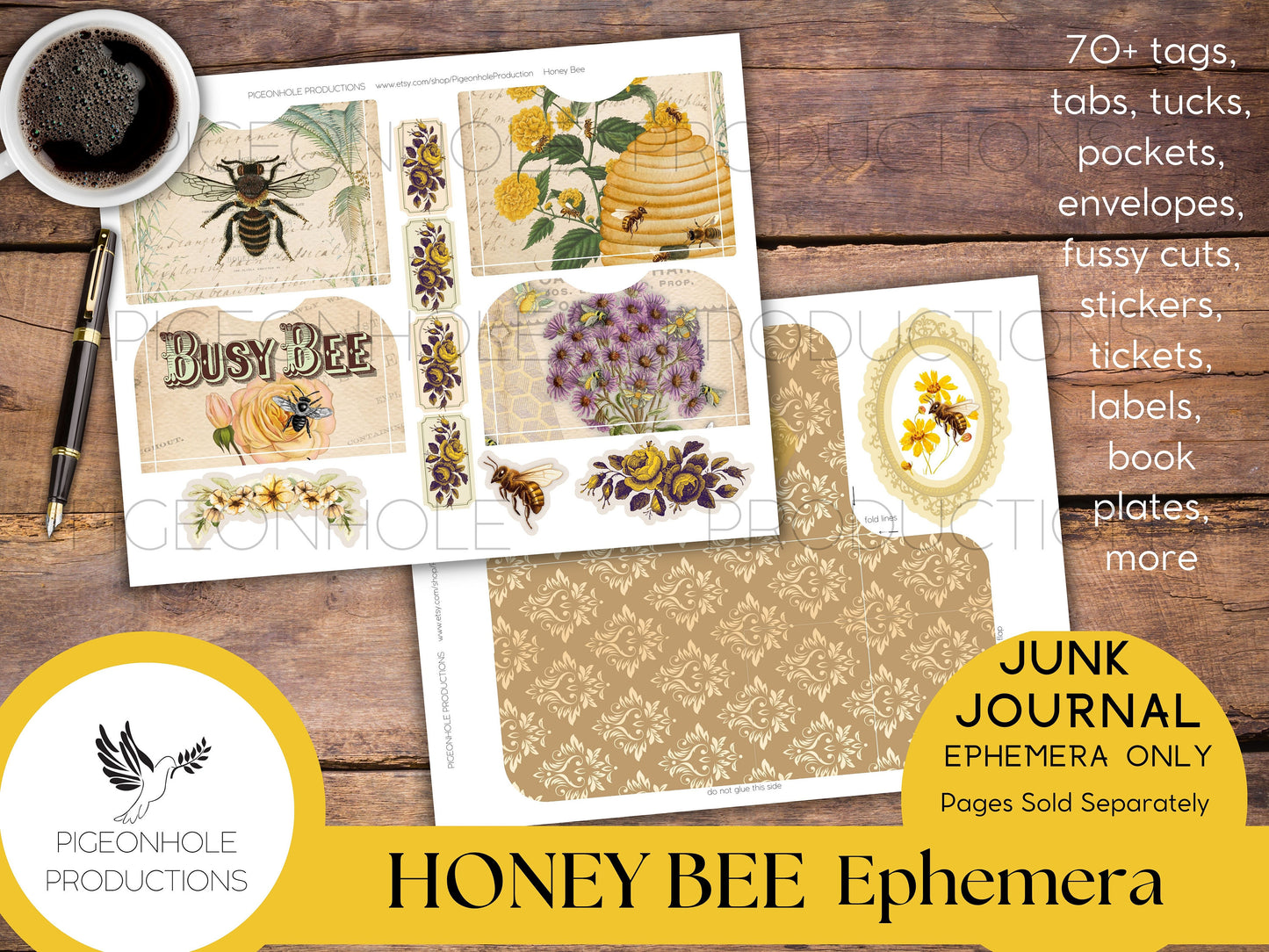 Honey Bee Junk Journal EPHEMERA—PRINTABLE—70+ tags, tucks, pockets, envelopes, fussy cuts, stickers, tickets, labels, bookplates—sweet!