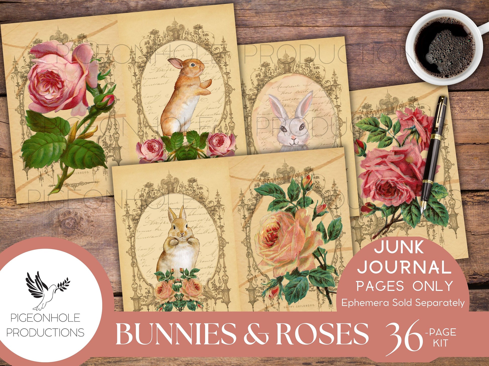 Bunnies & Roses Junk Journal Pages, PRINTABLE, 36 sheets of decorative pages, background papers and lined journal pages—beautiful images!