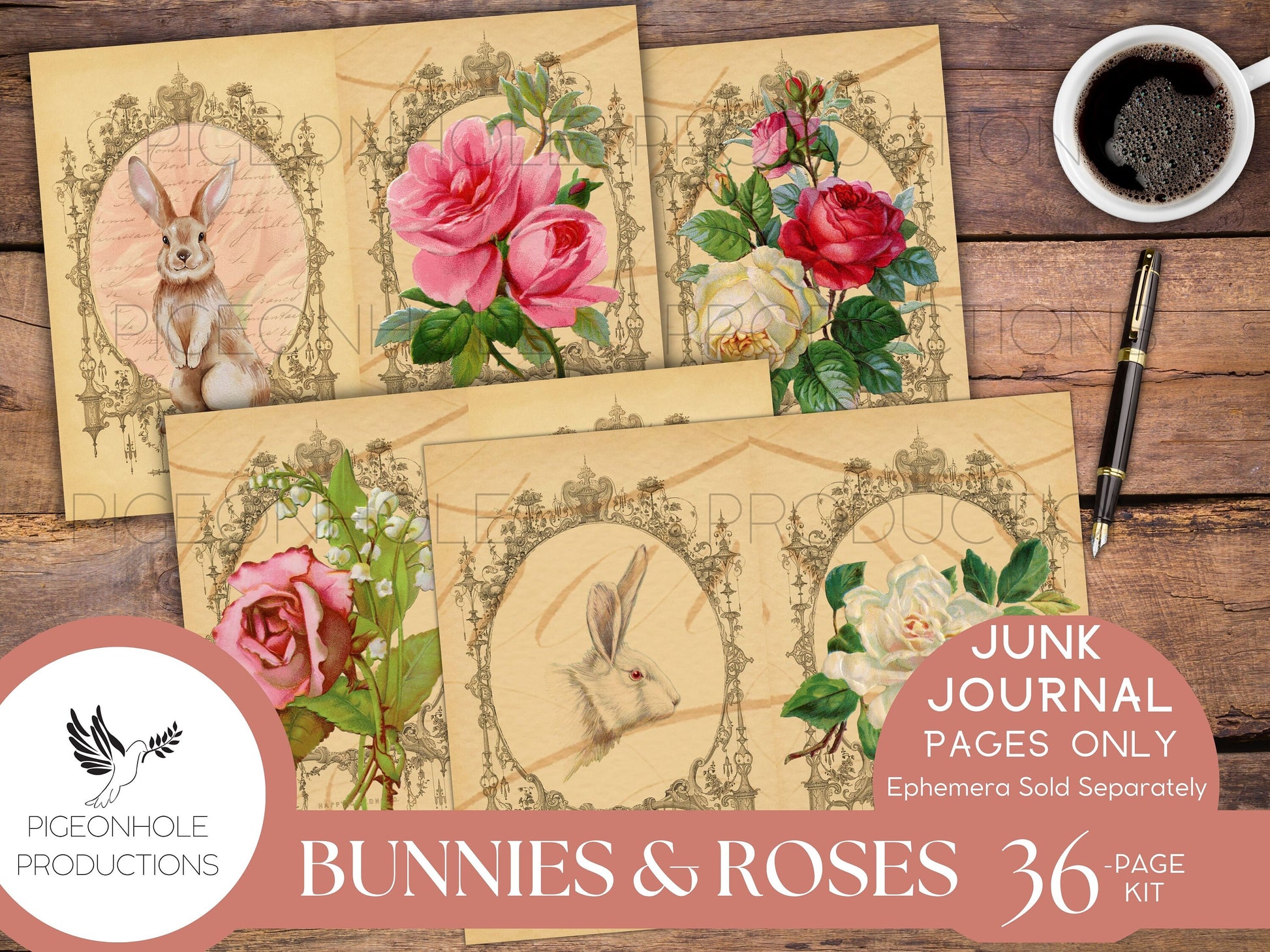 Bunnies & Roses Junk Journal Pages, PRINTABLE, 36 sheets of decorative pages, background papers and lined journal pages—beautiful images!