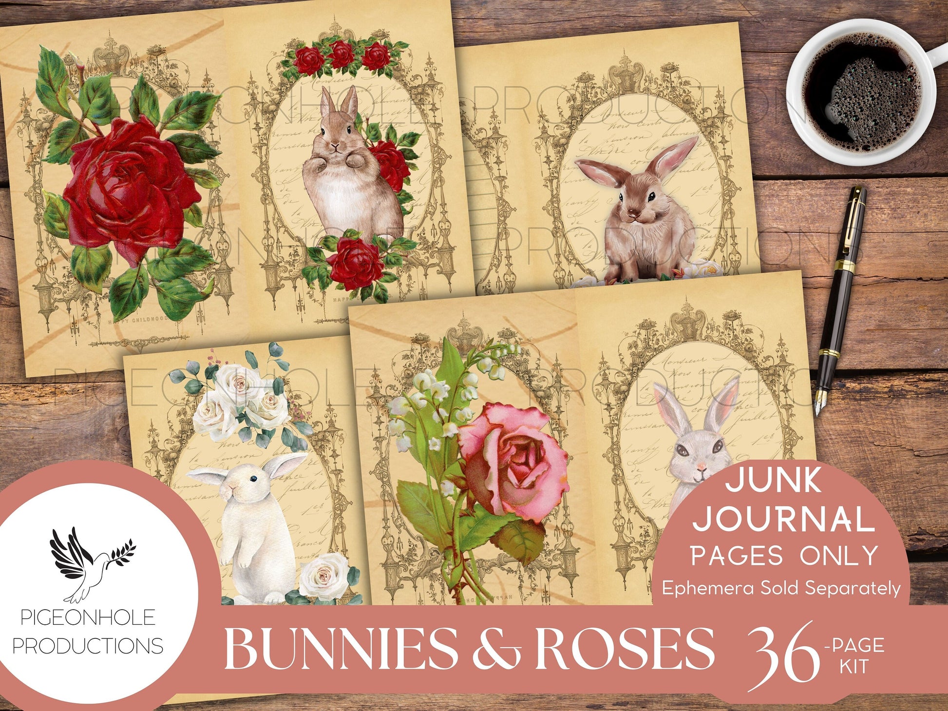 Bunnies & Roses Junk Journal Pages, PRINTABLE, 36 sheets of decorative pages, background papers and lined journal pages—beautiful images!