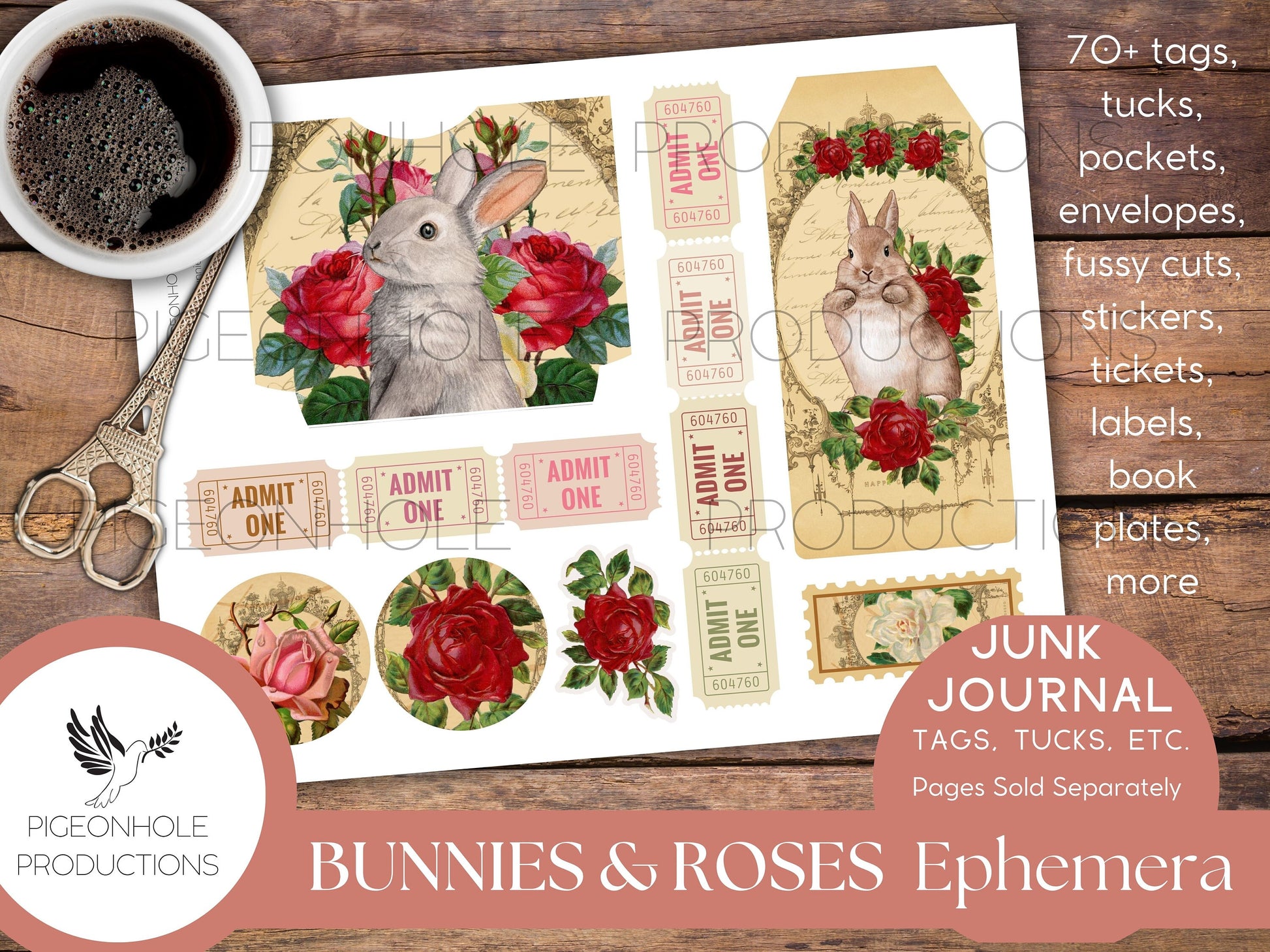 Bunnies & Roses Junk Journal EPHEMERA—PRINTABLE—70+ tags, tucks, pockets, envelopes, fussy cuts, stickers, tickets, labels, bookplates