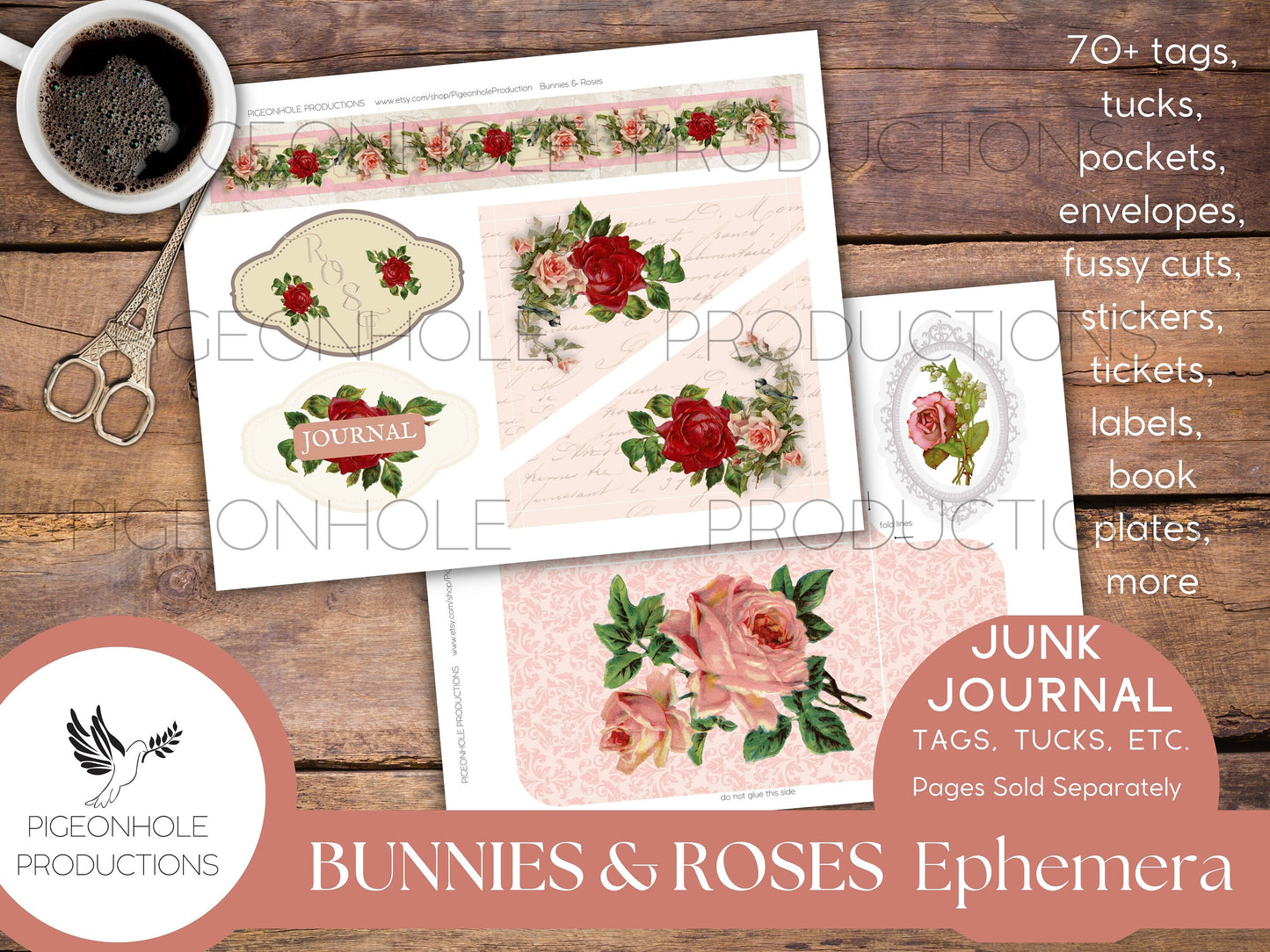 Bunnies & Roses Junk Journal EPHEMERA—PRINTABLE—70+ tags, tucks, pockets, envelopes, fussy cuts, stickers, tickets, labels, bookplates