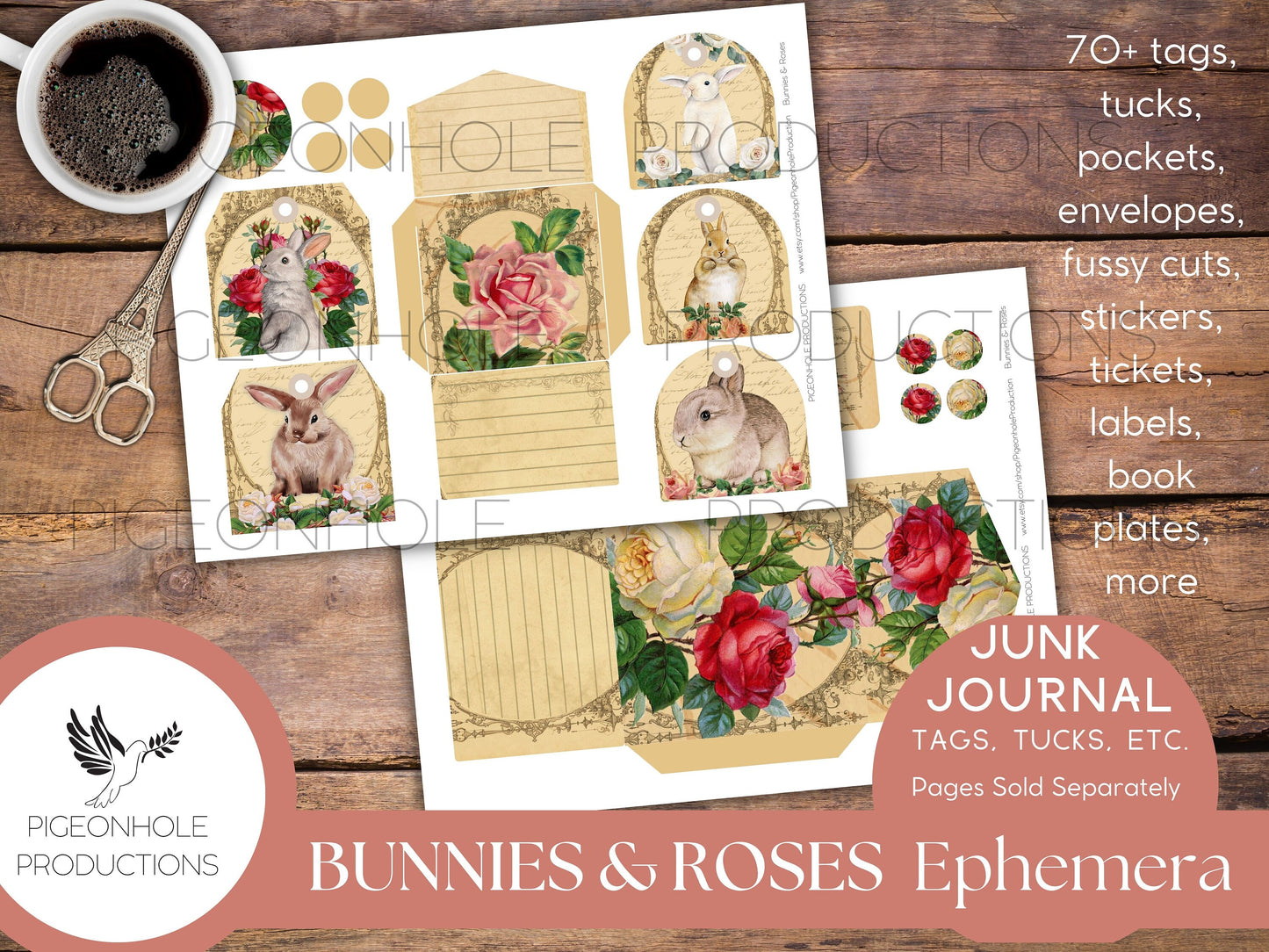 Bunnies & Roses Junk Journal EPHEMERA—PRINTABLE—70+ tags, tucks, pockets, envelopes, fussy cuts, stickers, tickets, labels, bookplates