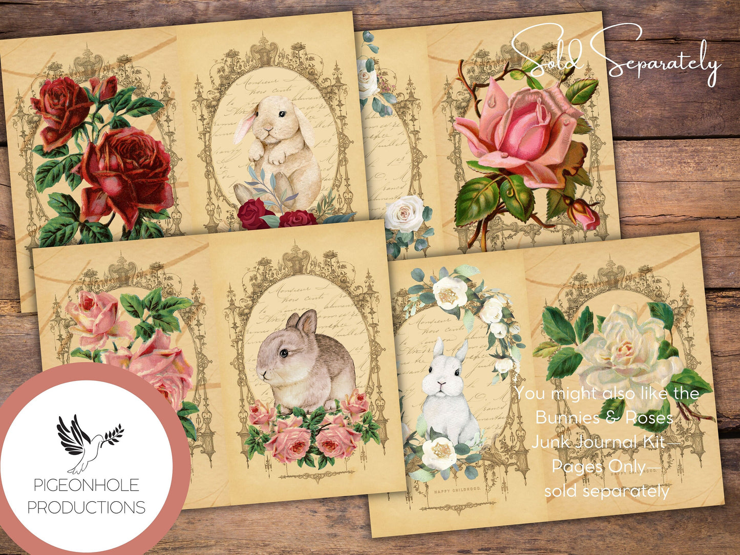 Bunnies & Roses Junk Journal EPHEMERA—PRINTABLE—70+ tags, tucks, pockets, envelopes, fussy cuts, stickers, tickets, labels, bookplates