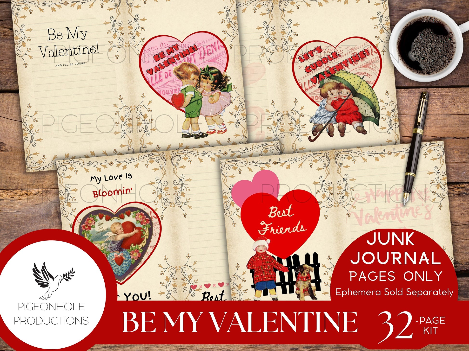 Be My Valentine Junk Journal Pages, PRINTABLE, 32 decorative, background, backing, lined journal sheets, retro style, makes 64 journal pages