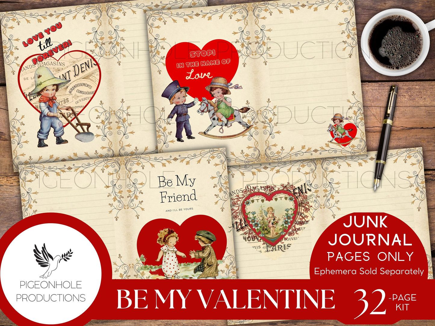 Be My Valentine Junk Journal Pages, PRINTABLE, 32 decorative, background, backing, lined journal sheets, retro style, makes 64 journal pages