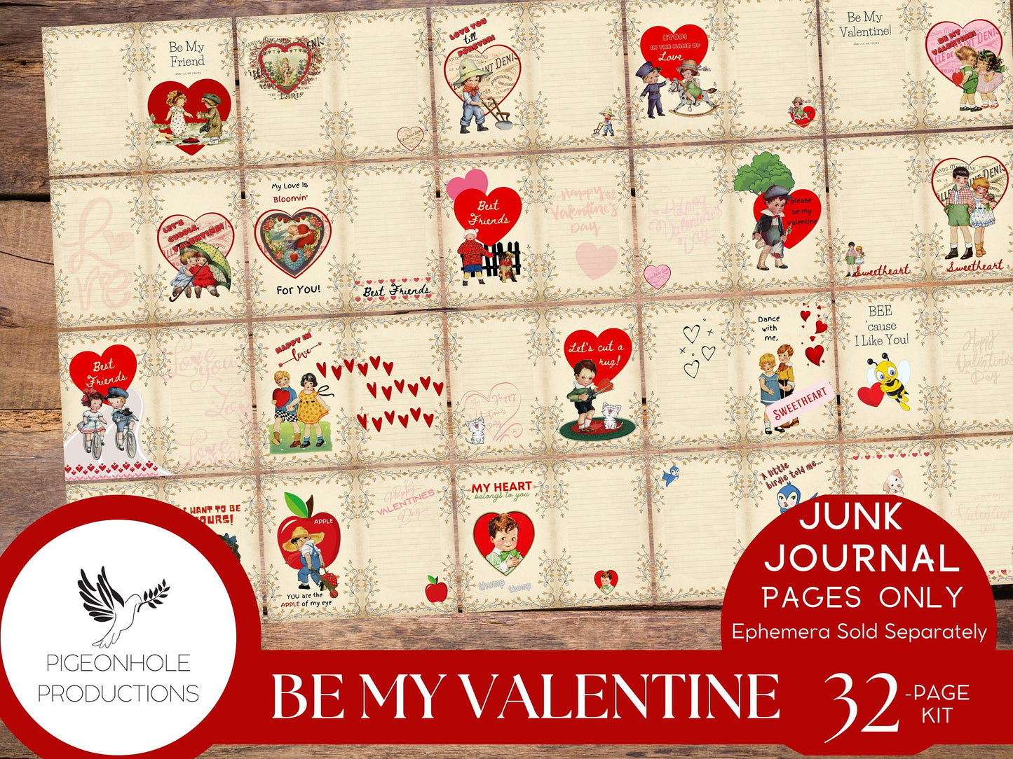 Be My Valentine Junk Journal Pages, PRINTABLE, 32 decorative, background, backing, lined journal sheets, retro style, makes 64 journal pages