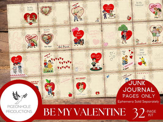 Be My Valentine Junk Journal Pages, PRINTABLE, 32 decorative, background, backing, lined journal sheets, retro style, makes 64 journal pages