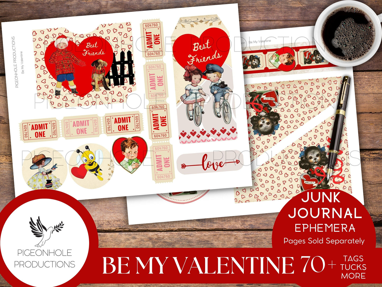 Be My Valentine Junk Journal EPHEMERA, PRINTABLE, 70+ tags, tucks, pockets, envelopes, fussy cuts, stickers, tickets, labels, bookplates