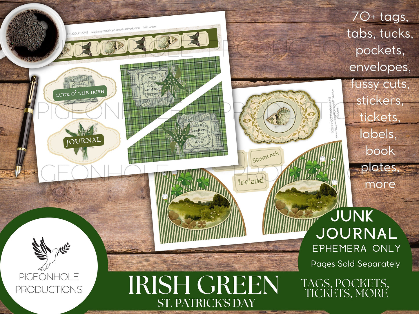 Irish Green St. Patrick's Day Junk Journal EPHEMERA—PRINTABLE—70+ tags, tucks, pockets, envelopes, fussy cuts, stickers, tickets, labels