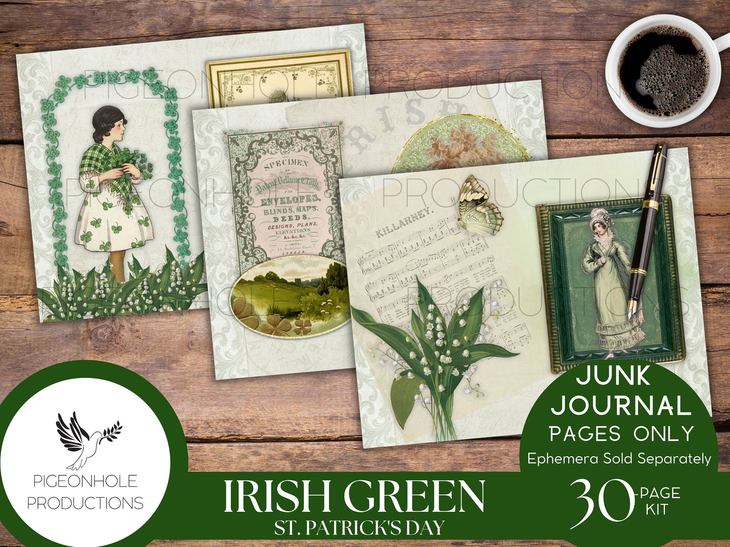 Irish Green St. Patrick's Day Junk Journal Pages—PRINTABLE—30 page kit makes 60 journal pages—lovely vintage Irish images—ephemera available