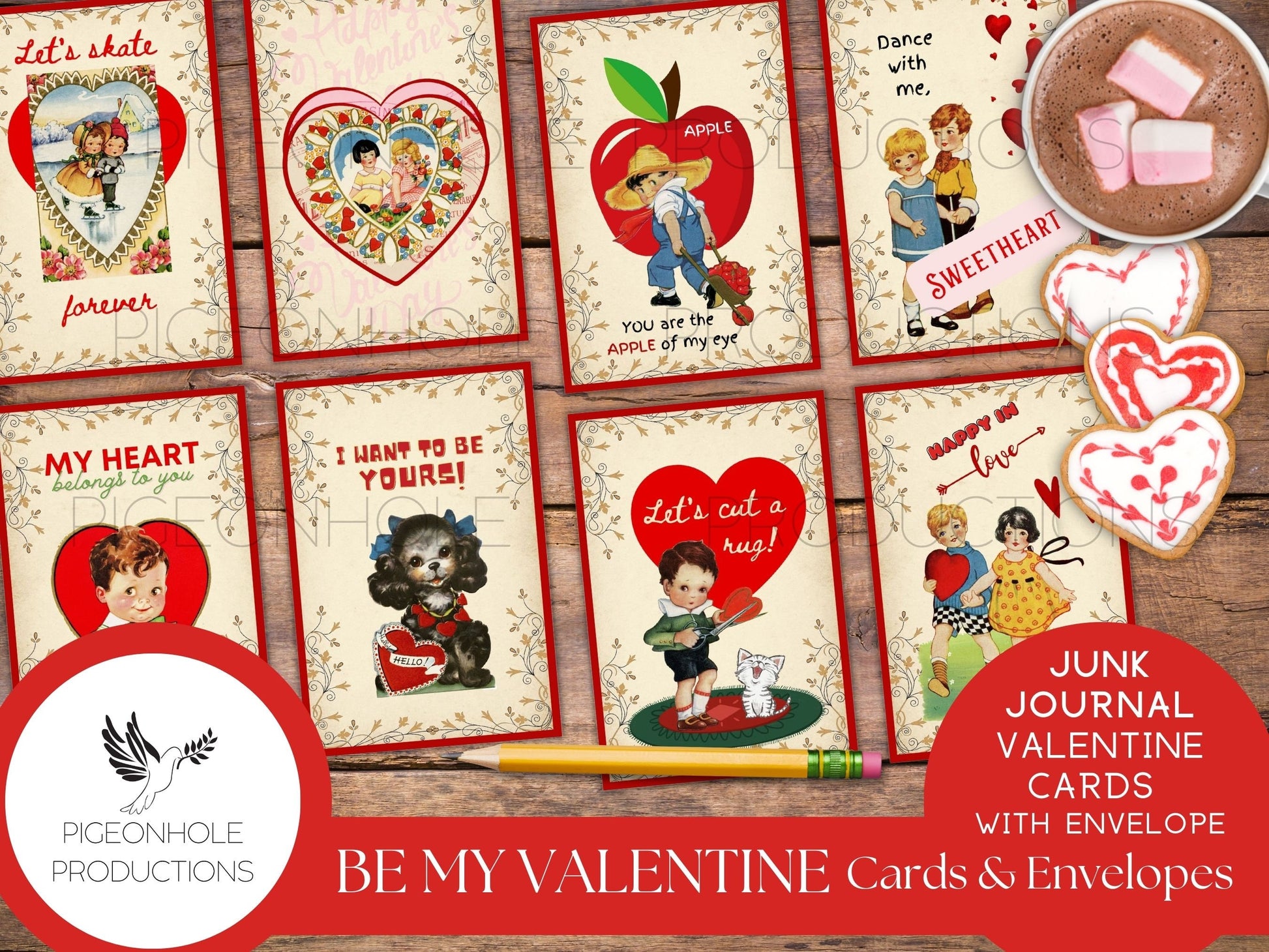 Be My Valentine Cards & Envelopes, PRINTABLE, 24 cards, 4 different envelopes (print as many as you need), vintage retro style, cute kids!