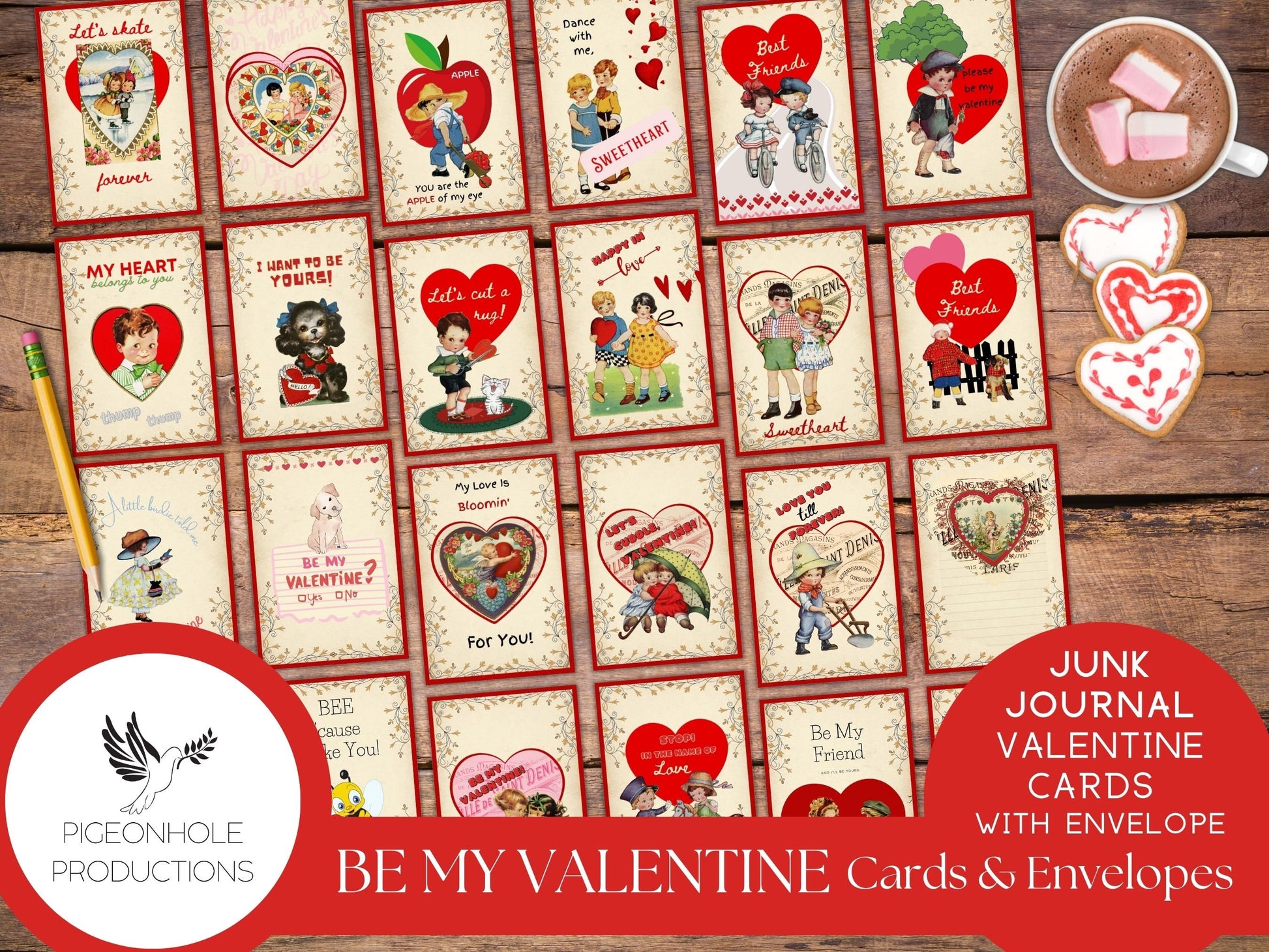 Be My Valentine Cards & Envelopes, PRINTABLE, 24 cards, 4 different envelopes (print as many as you need), vintage retro style, cute kids!