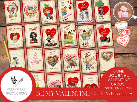 Be My Valentine Cards & Envelopes, PRINTABLE, 24 cards, 4 different envelopes (print as many as you need), vintage retro style, cute kids!