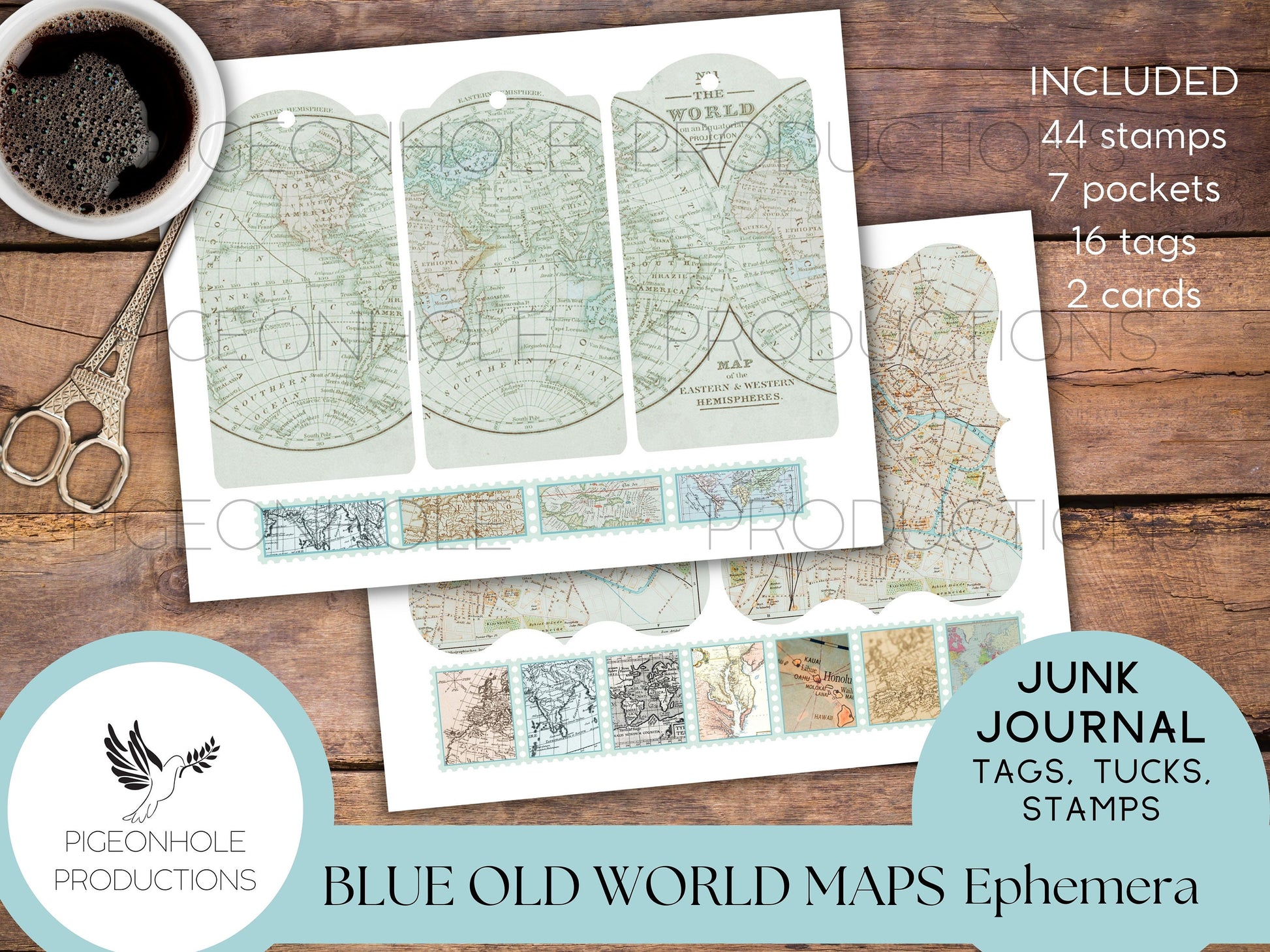 Blue Old World Maps Junk Journal EPHEMERA—PRINTABLE—tags, pockets, journal cards, faux postage stamps—also great bases for ephemera-making