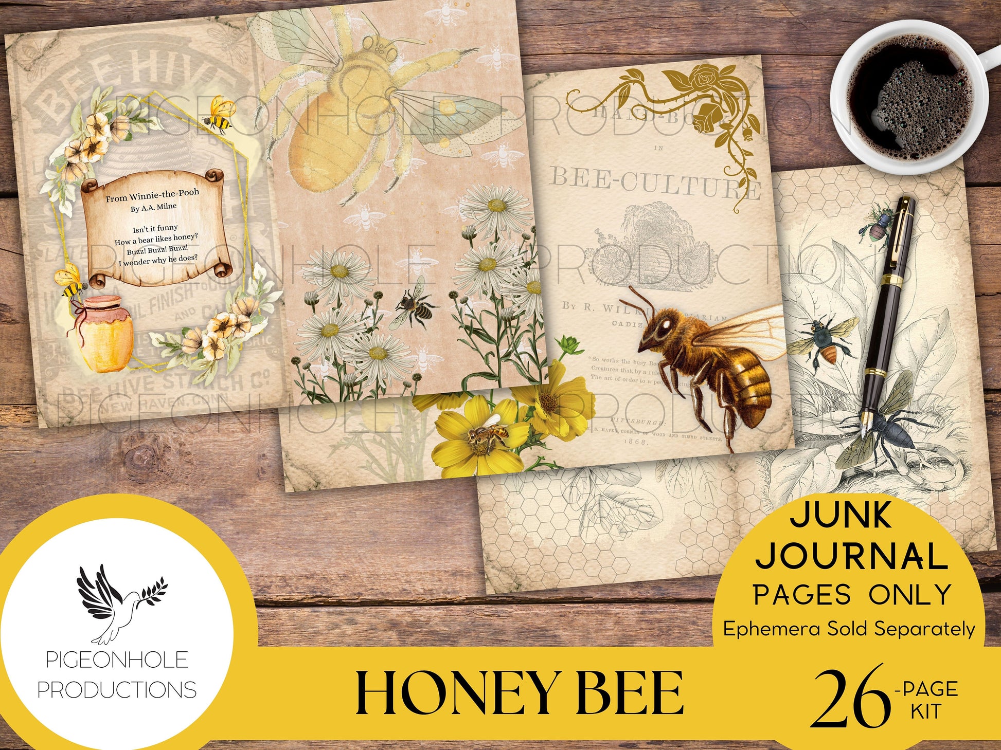 Honey Bee Junk Journal Pages—PRINTABLE—lovely honey bee collage sheets & bee poems—26 decorative/background/backing/lined journal sheets