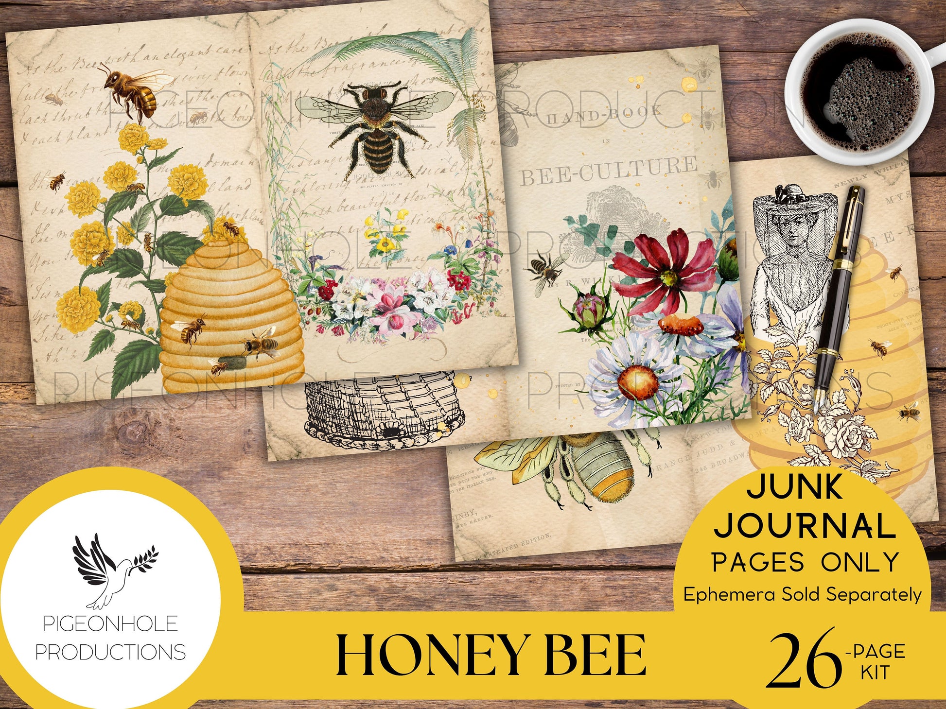 Honey Bee Junk Journal Pages—PRINTABLE—lovely honey bee collage sheets & bee poems—26 decorative/background/backing/lined journal sheets