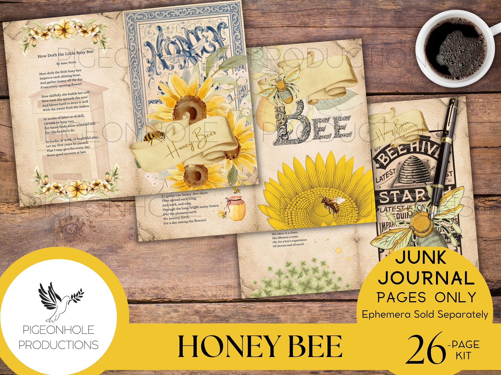 Honey Bee Junk Journal Pages—PRINTABLE—lovely honey bee collage sheets & bee poems—26 decorative/background/backing/lined journal sheets