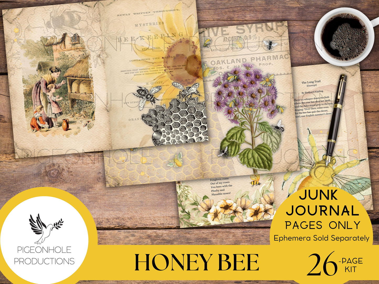 Honey Bee Junk Journal Pages—PRINTABLE—lovely honey bee collage sheets & bee poems—26 decorative/background/backing/lined journal sheets