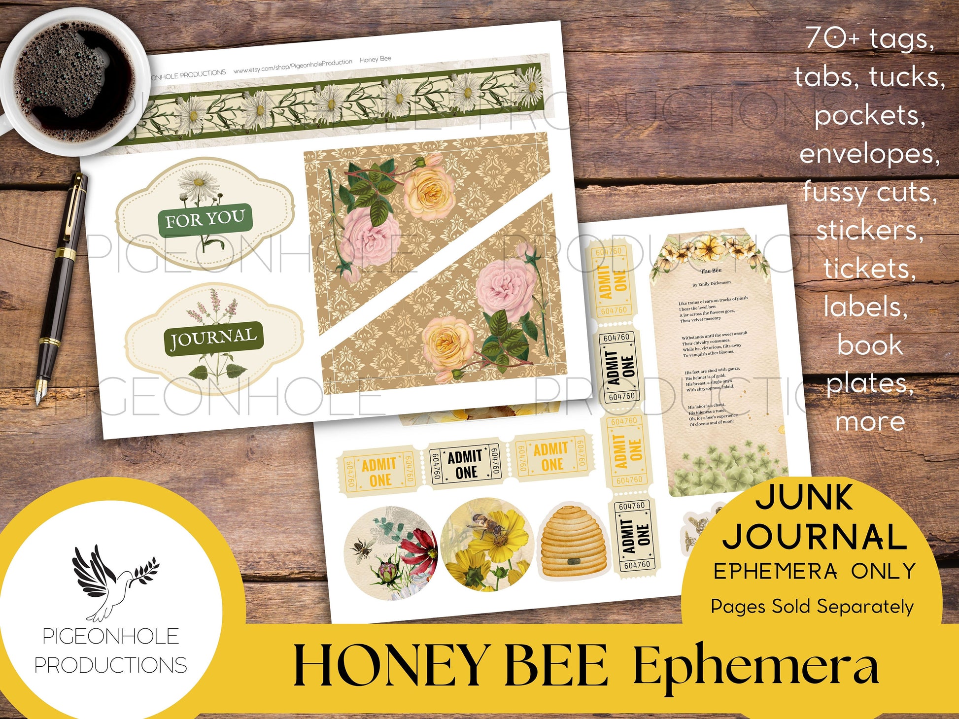 Honey Bee Junk Journal EPHEMERA—PRINTABLE—70+ tags, tucks, pockets, envelopes, fussy cuts, stickers, tickets, labels, bookplates—sweet!